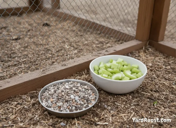 Poultry grit sits beside chopped celery inside a covered backyard chicken run.