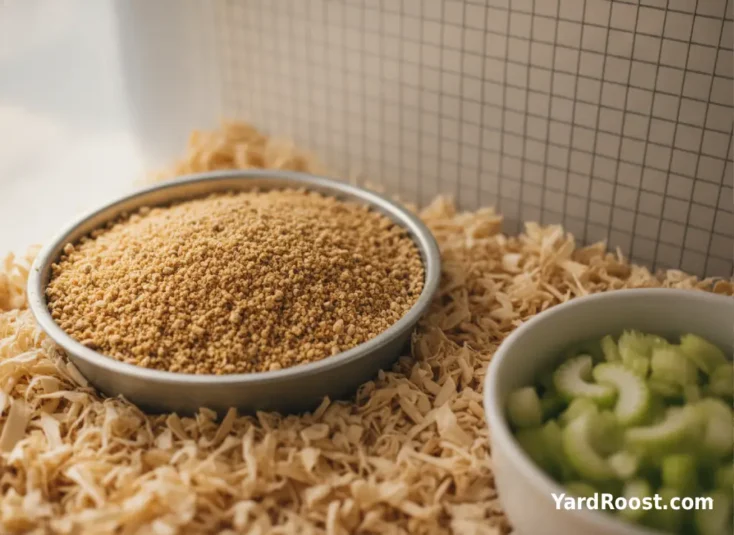 Chick starter feed is shown in a brooder while celery is kept outside the feeding area.