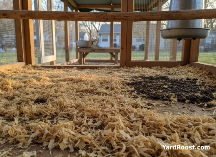 Close-up of pine shavings under a roost with a small damp patch near the coop floor.
