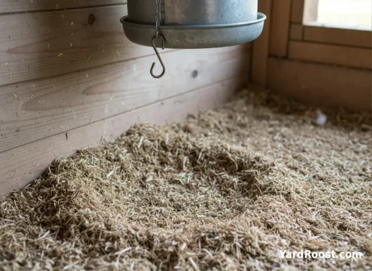 Hemp bedding under a hanging waterer in a coop corner with the litter staying dry.