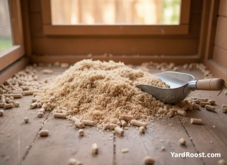 Expanded pine pellet bedding on a coop floor next to a small metal scoop.