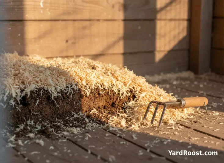 Layered coop bedding with an older darker layer underneath and fresh shavings on top.