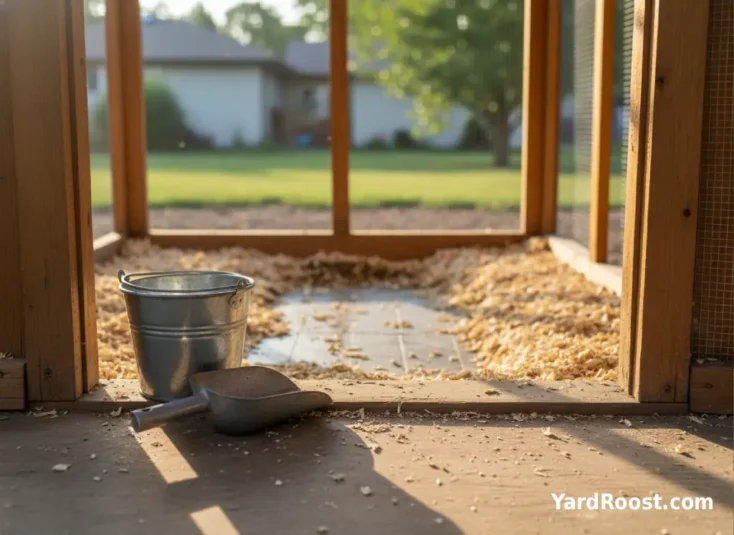 A scoop and bucket at a coop door after removing a wet patch from the bedding.