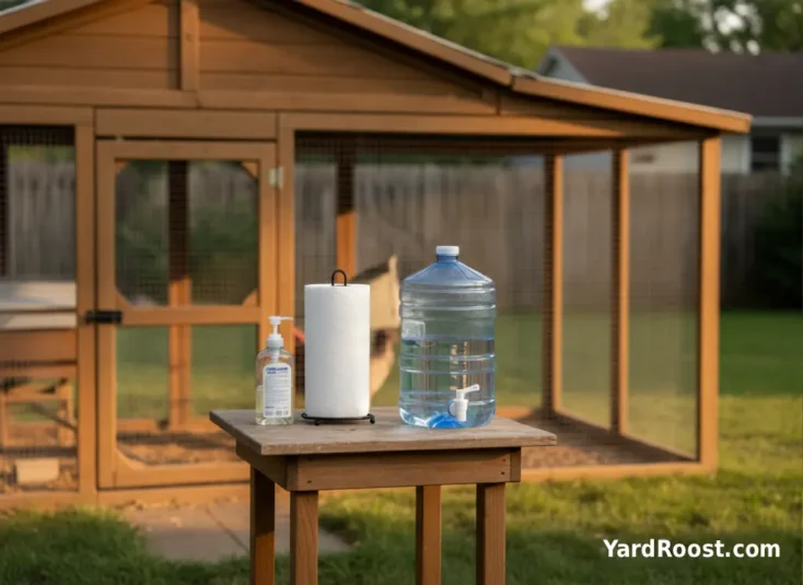 An outdoor handwashing station set up near a chicken coop entrance.