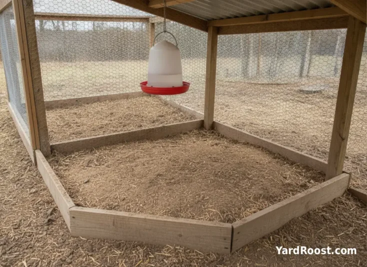 A dry chicken dust bath area tucked under a covered run roof.
