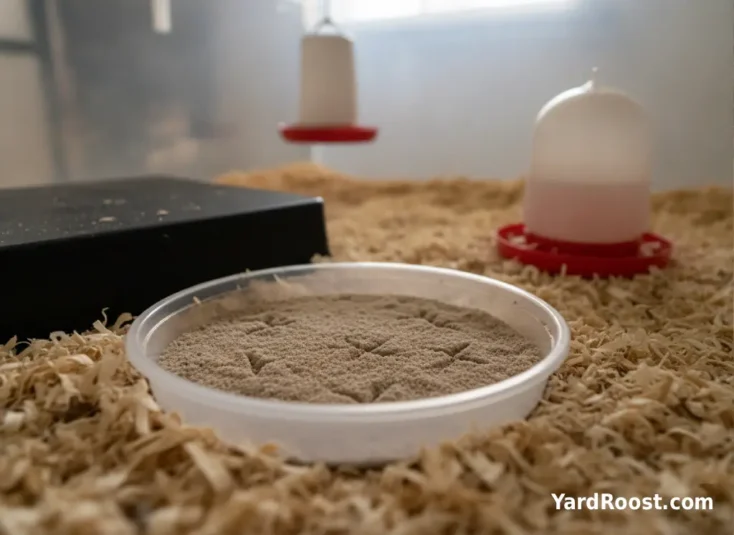A shallow chick dust bath dish with dry sand near a brooder heat plate.