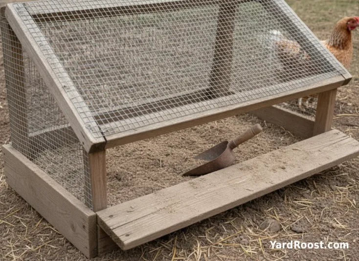 A covered dust bath with dry loose soil under a clean chicken run roof.