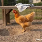 A calm hen stands near a dust bath with inspection supplies outside the run.