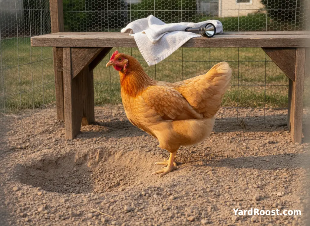 A calm hen stands near a dust bath with inspection supplies outside the run.