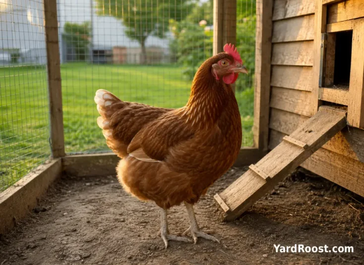A calm backyard hen standing in a covered run beside a small wooden coop.