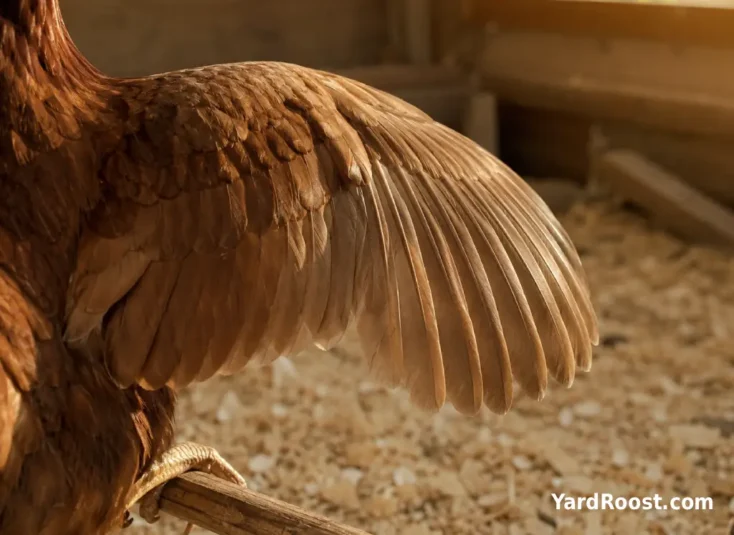Close-up of layered wing feathers next to a wooden roost bar inside a coop.
