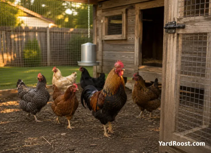 A small flock of hens and a rooster standing in a covered run beside a coop.