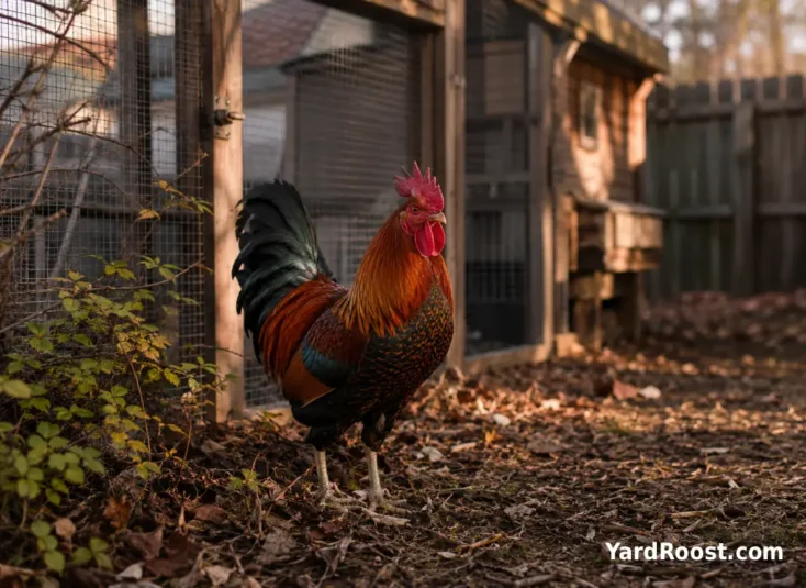 A colorful rooster standing near brush at the edge of a covered backyard run.