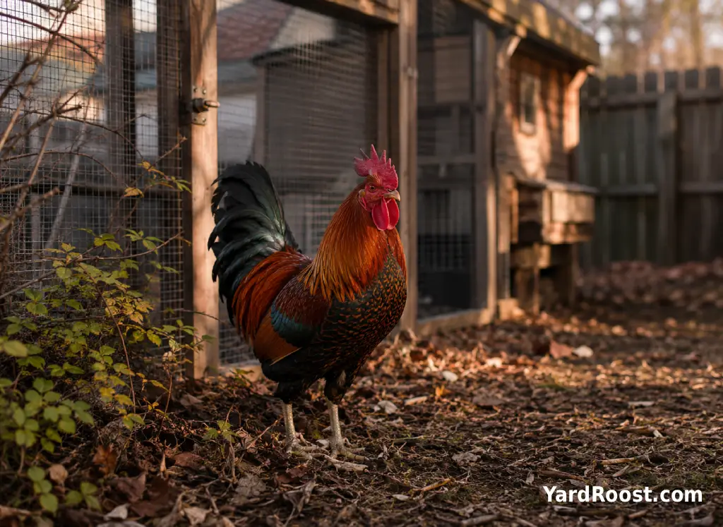 A colorful rooster standing near brush at the edge of a covered backyard run.