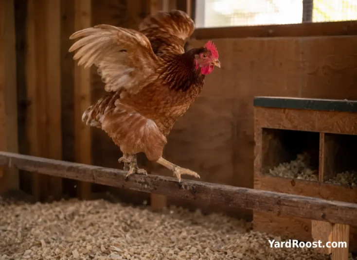 A hen hopping up onto a low roost bar inside a backyard coop.