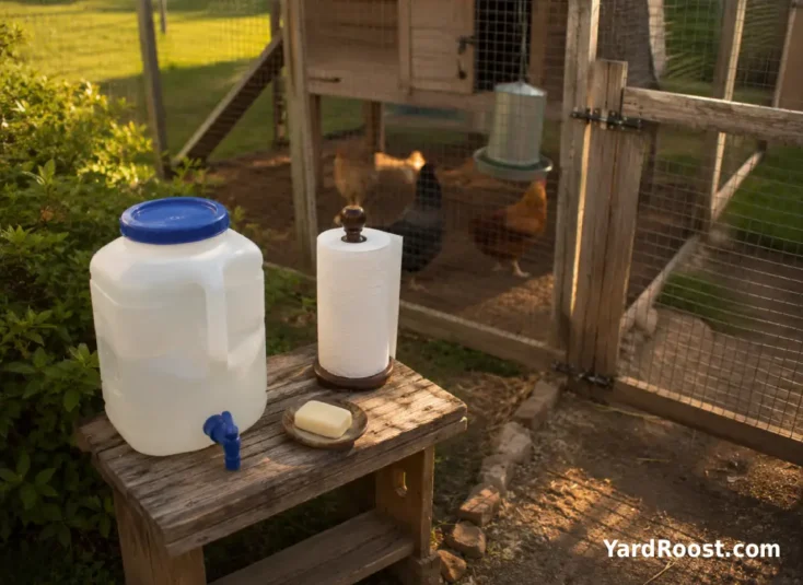 A simple soap-and-water handwashing setup placed near a backyard coop gate.