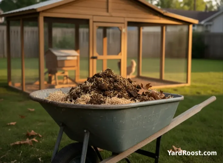 Close-up of chicken manure and pine shavings in a wheelbarrow beside a backyard coop.