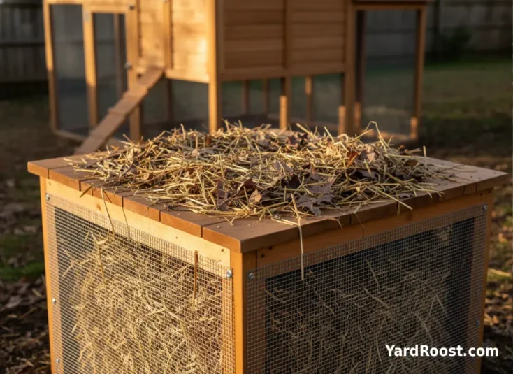 A compost bin corner with a lid and hardware cloth skirt and straw covering the pile.