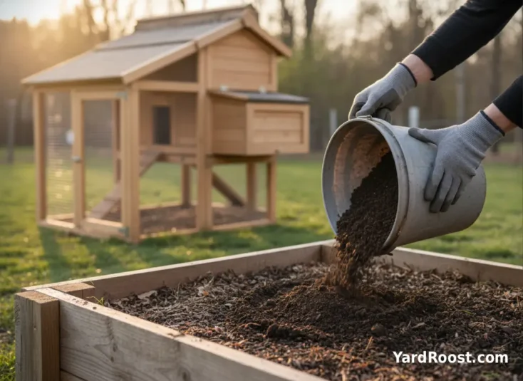 A raised garden bed being top-dressed with finished compost with a chicken coop in the background.