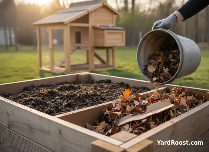 A compost bin showing wet matted compost beside a bucket of dry leaves to mix in.