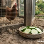 Fresh cucumber slices in a small dish beside a backyard chicken run.