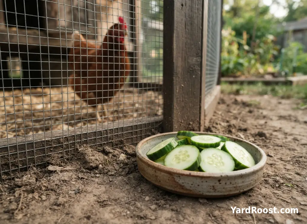 Fresh cucumber slices in a small dish beside a backyard chicken run.