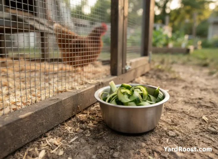 Washed cucumber peels in a small bowl by a clean chicken run.