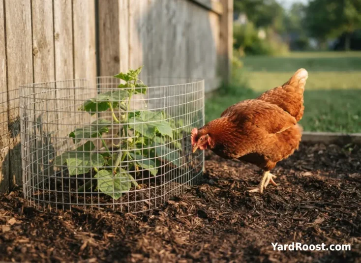 A chicken pecking near a cucumber vine protected by a low garden barrier.