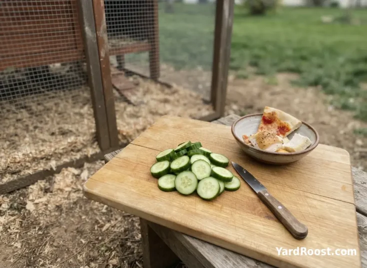 Plain cucumber slices separated from salty kitchen scraps near a coop.