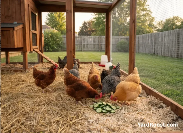 Healthy backyard hens pecking at a small cucumber treat in a clean run.
