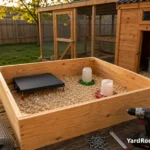 DIY chick brooder box made from plywood with hardware, pine shavings, feeder, and waterer ready for chicks.