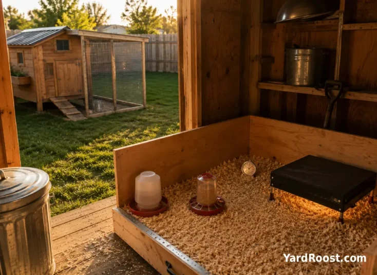 DIY brooder with brooder plate, thermometer at chick level, and warm zone set up on one side.