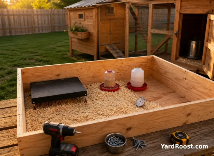 Step-by-step DIY brooder box setup with plywood walls, bedding, brooder plate, feeder, and chick waterer.