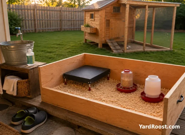 Clean DIY chick brooder with handwashing supplies nearby and dedicated coop shoes kept outside the house.