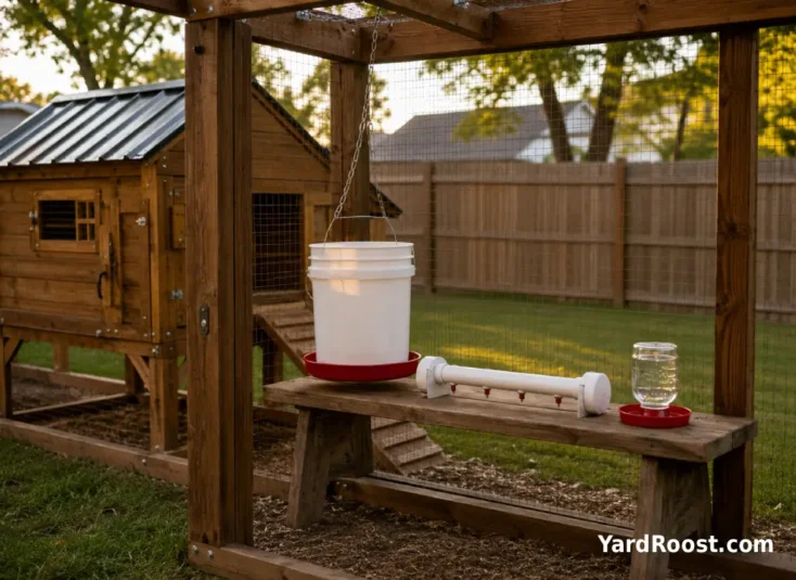 Three DIY chicken waterer options—a hanging bucket, PVC nipples, and a small chick jar—staged inside a covered run.