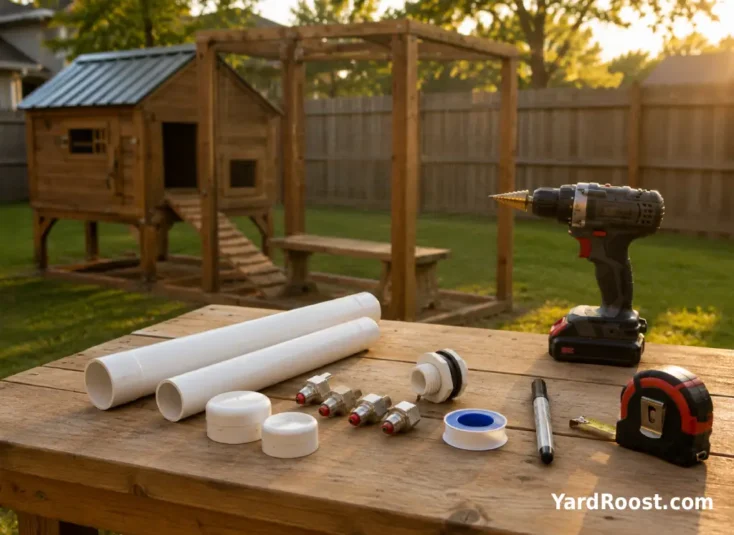 PVC nipples, bulkhead fitting, drill, and gaskets arranged for building a DIY chicken watering system.