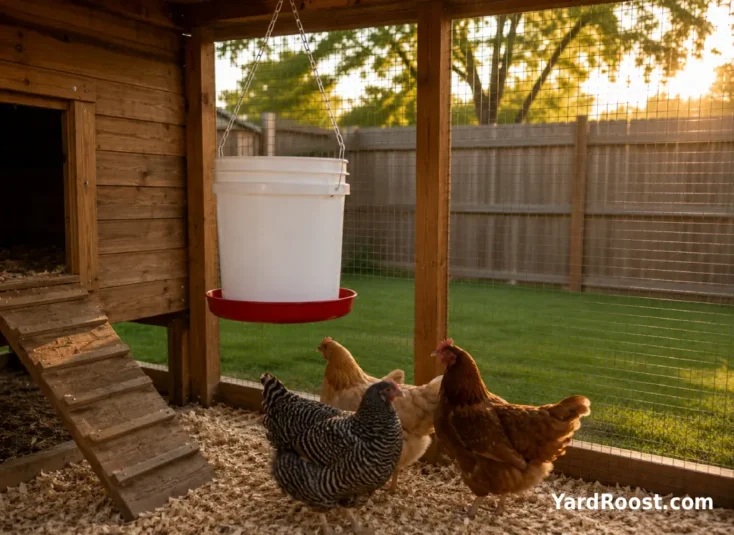 A hanging 5-gallon bucket chicken waterer with tray base mounted at back height in a covered run.