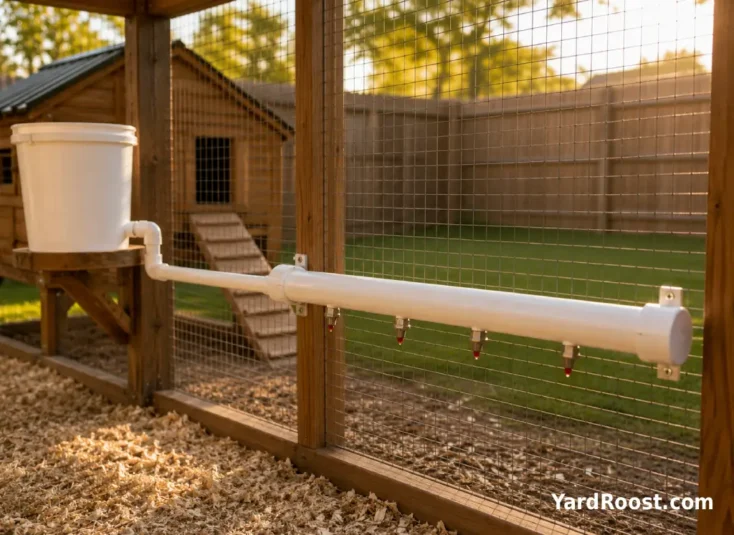 A DIY PVC nipple chicken waterer mounted along a run wall with four drinker nipples underneath.