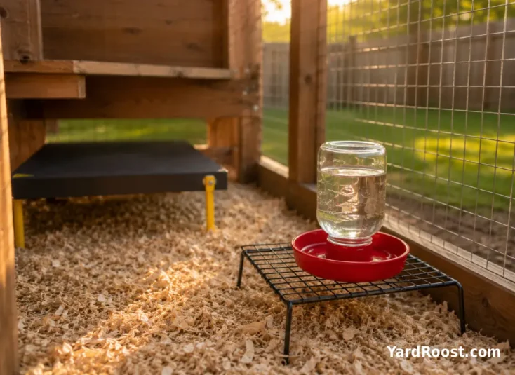 A mason-jar style chick waterer base raised on a rack above shavings to reduce spills.