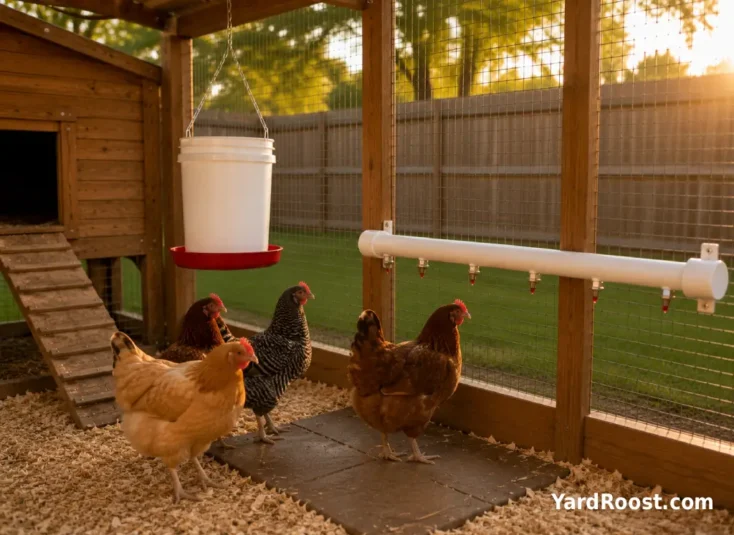 A DIY bucket waterer and PVC nipple line positioned at the right height inside a covered run.