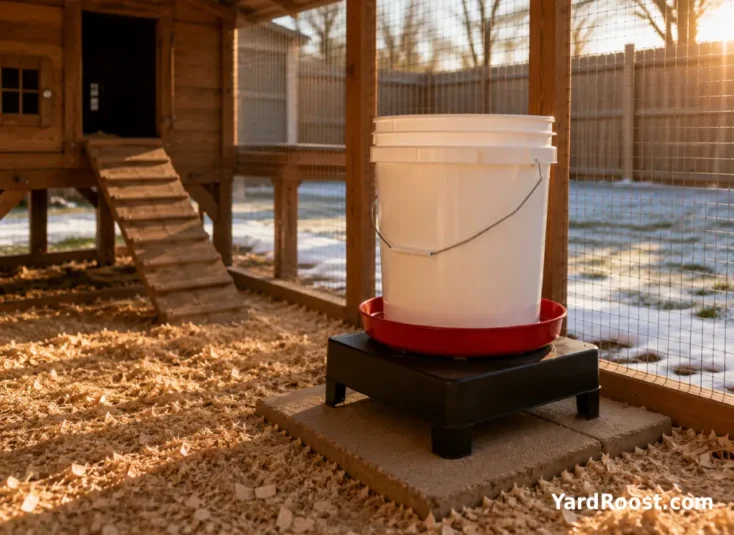 A DIY winter chicken watering setup using a heated base under a bucket waterer on a paver in a covered run.