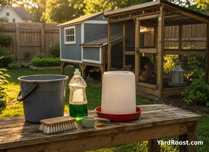 A simple backyard coop cleaning station for scrubbing and sanitizing chicken waterers.