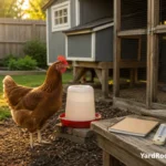 A hen near a clean water station with a notebook and thermometer nearby for monitoring hydration concerns.