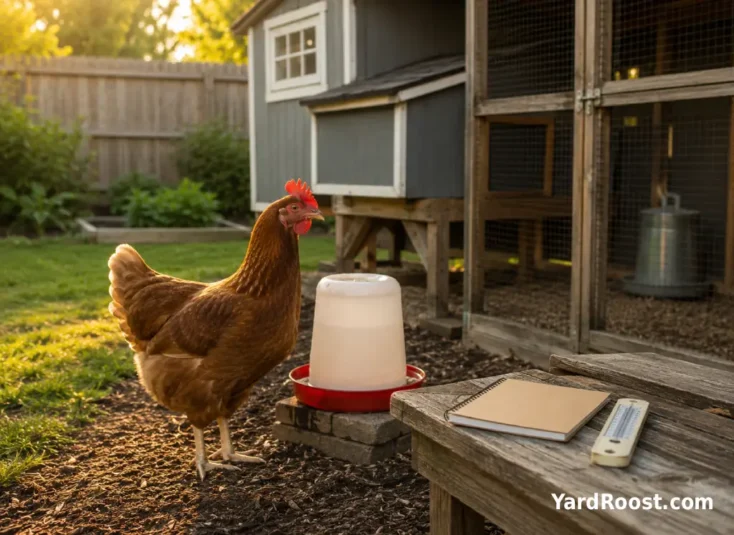 A hen near a clean water station with a notebook and thermometer nearby for monitoring hydration concerns.