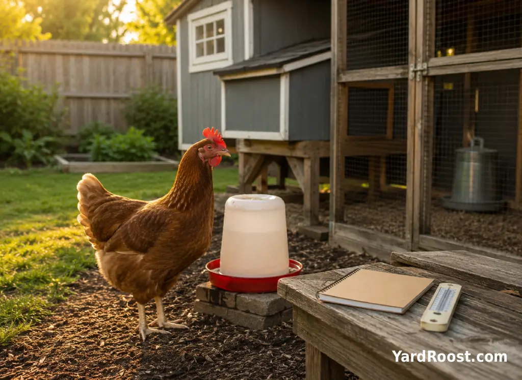 A hen near a clean water station with a notebook and thermometer nearby for monitoring hydration concerns.