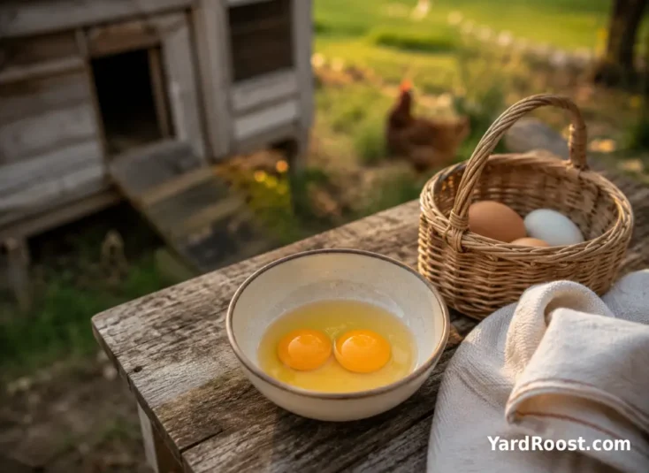 Freshly cracked egg in a bowl with two yolks visible.
