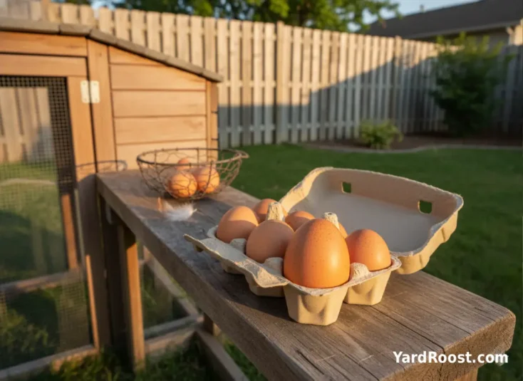 Open egg carton showing one unusually large brown egg among other eggs.
