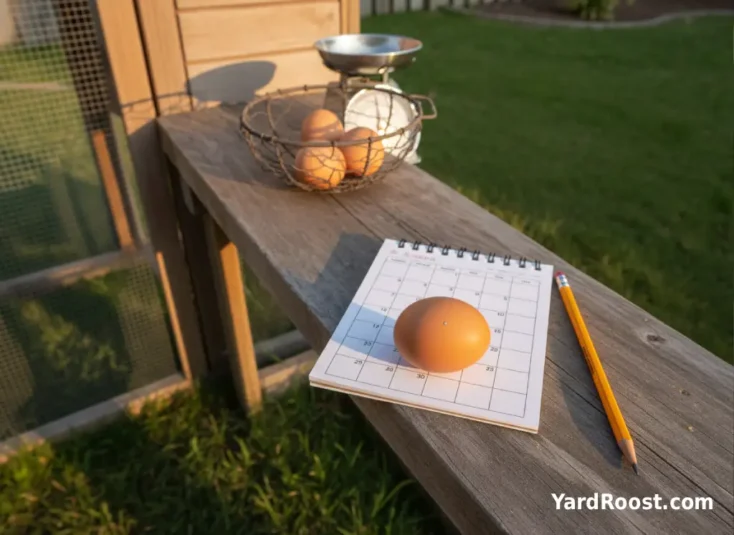 Notepad and egg basket with one egg lightly marked with a pencil dot.
