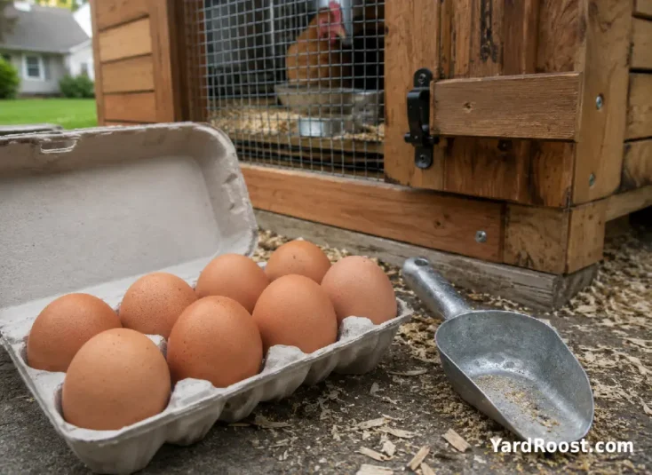A carton of brown eggs sits beside a backyard chicken coop and feed scoop.
