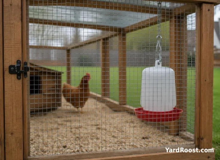 A secure backyard chicken run has hardware cloth, dry bedding, and a clean waterer.